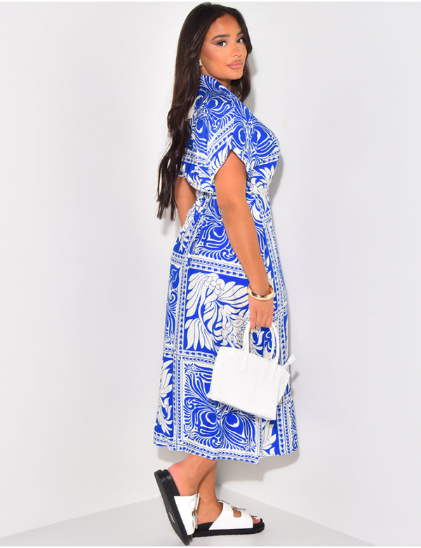 Robe chemise longue fendue à motifs