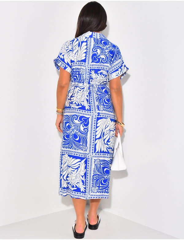 Robe chemise longue fendue à motifs
